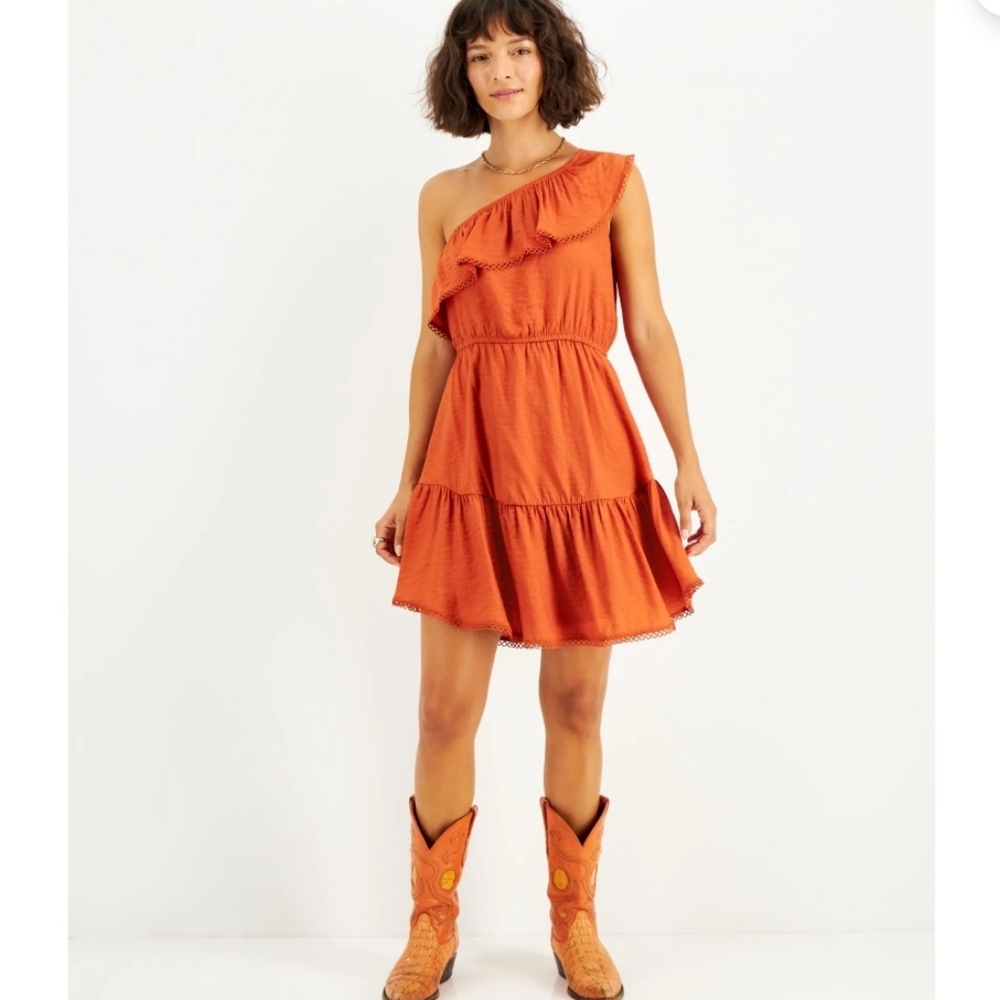 NWT Bar III Orange One-Shoulder Ruffled Hem Dress Size: XS